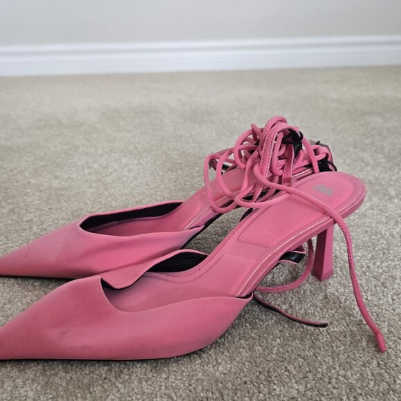 ZARA Hot Pink Pointed Toe Lace-Up Stiletto Heels - Picture 2 of 2